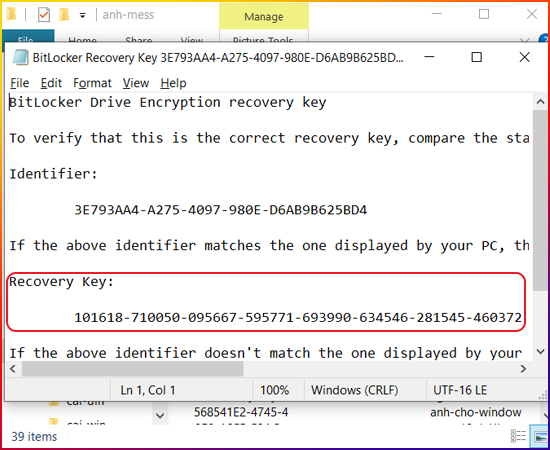 Copy phần key ở mục Recoverry Key: